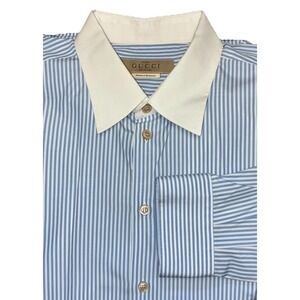 Gucci Shirt Men's 17.5 44 Blue Striped White Collar Poplin Button Up Uniform